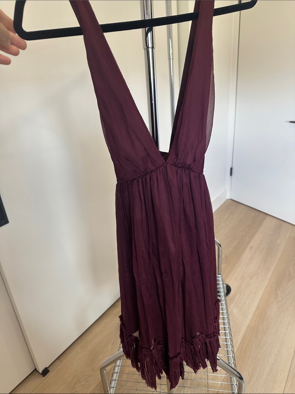 Elizabeth and James Plum V-Neck Fringe Mini Dress